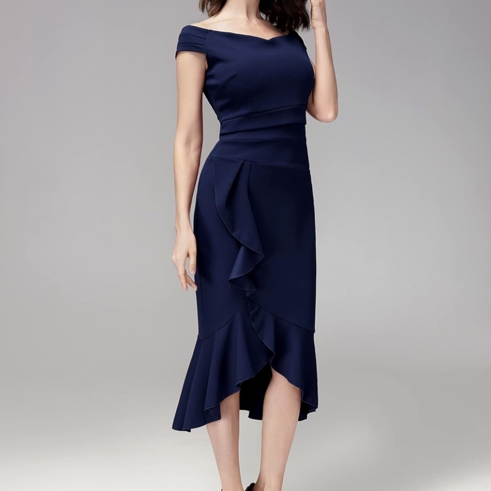 Knitee NWT Elegant Navy Blue Off-Shoulder Dress.